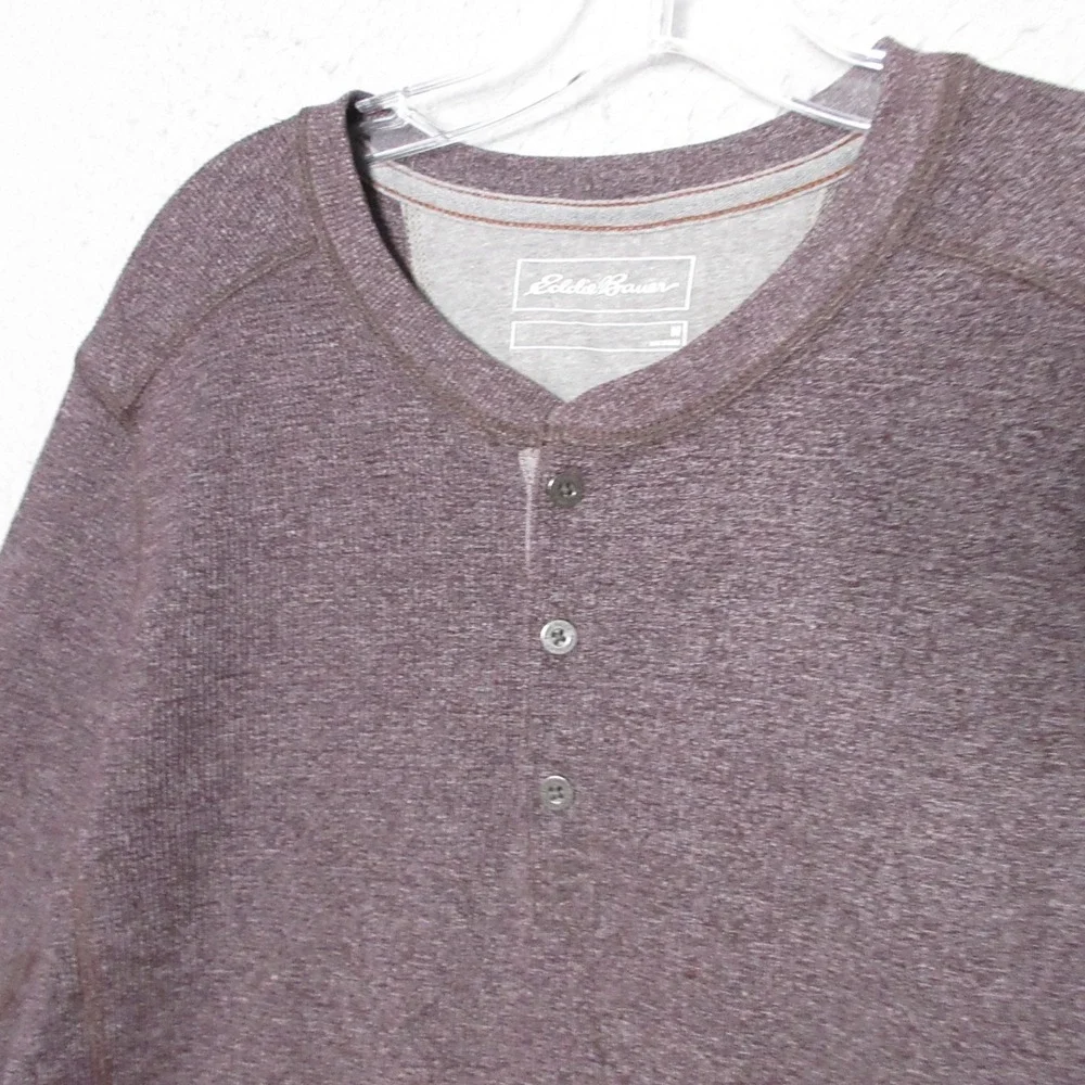 Eddie Bauer Henley Shirt Men Brown Waffle Knit Button‎ Preppy Base Layer Comfort